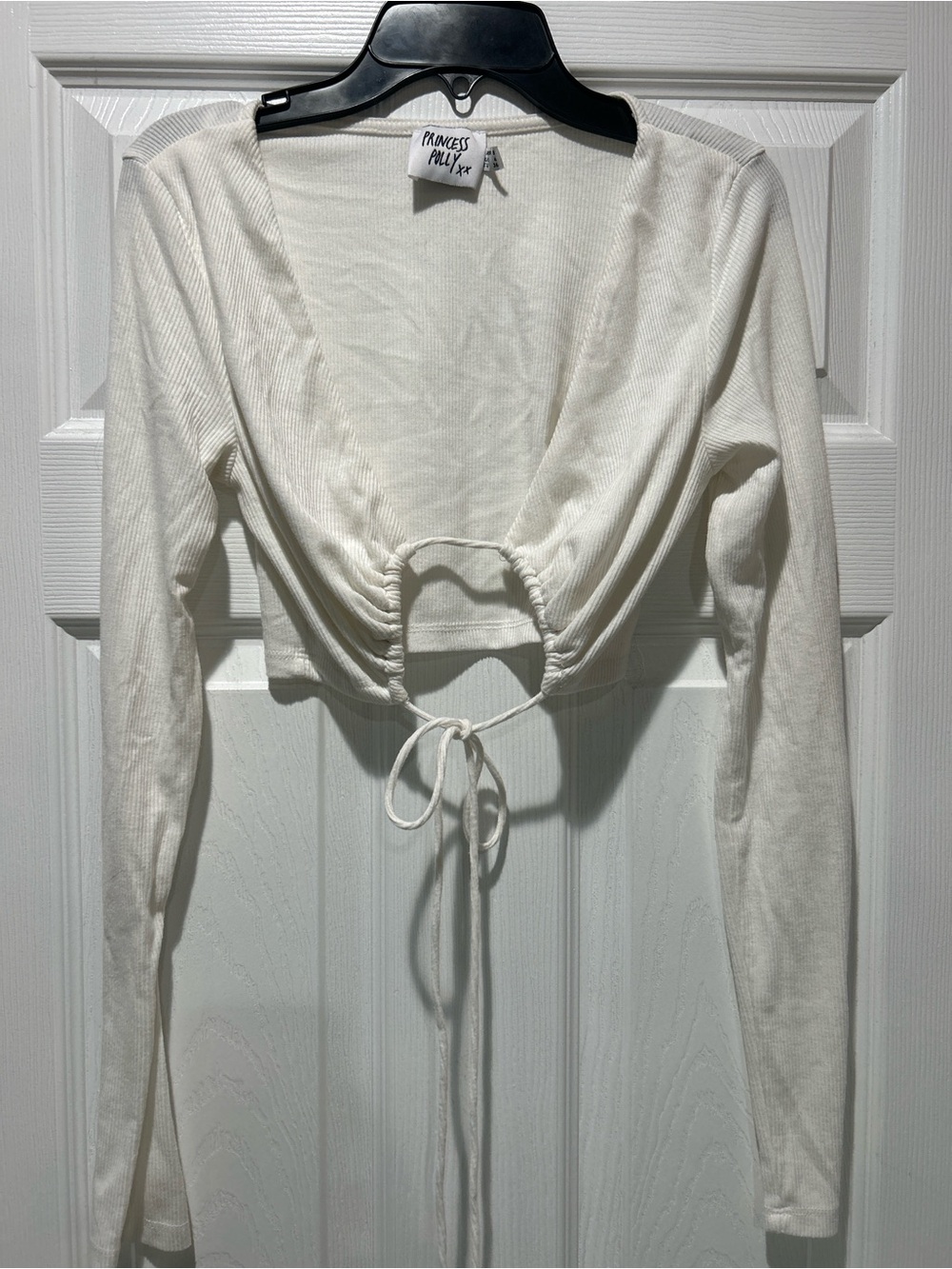 Princess Polly Cream Tie-Front Long Sleeve Crop Top